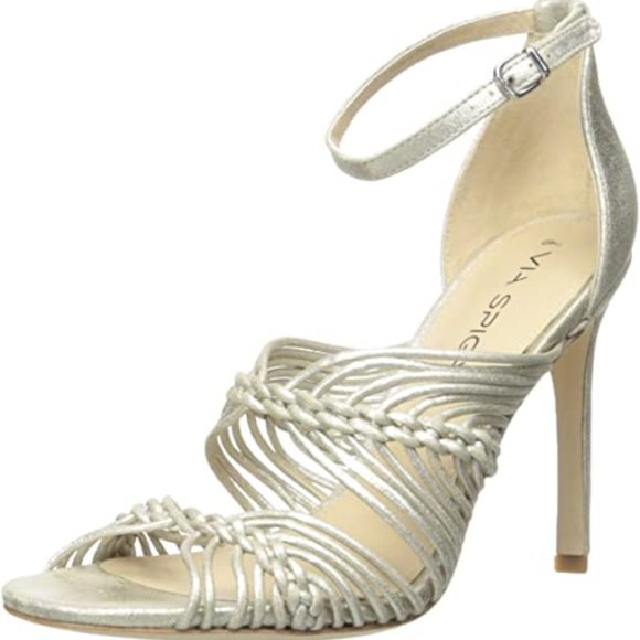 Via Spiga Dorian Strappy Silver Sandals Heels Size 7.5 New - Picture 2 of 8